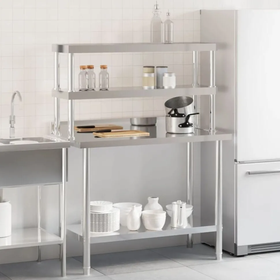 vidaXL Keukenwerktafel met bovenschap 110x55x150 cm roestvrij staal