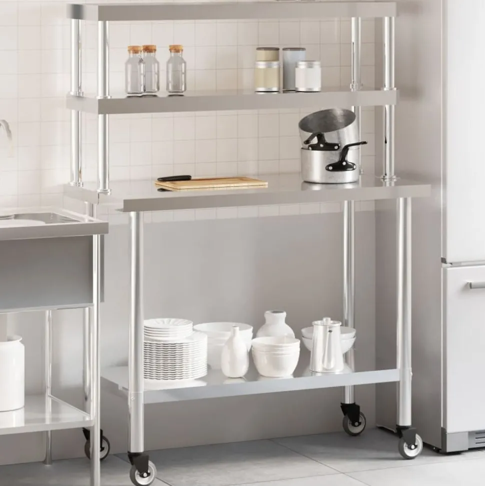 vidaXL Keukenwerktafel met bovenschap 110x55x150 cm roestvrij staal