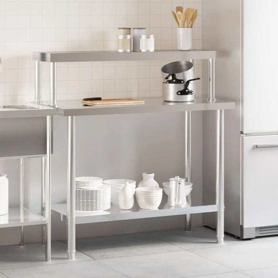 vidaXL Keukenwerktafel met bovenschap 110x55x120 cm roestvrij staal