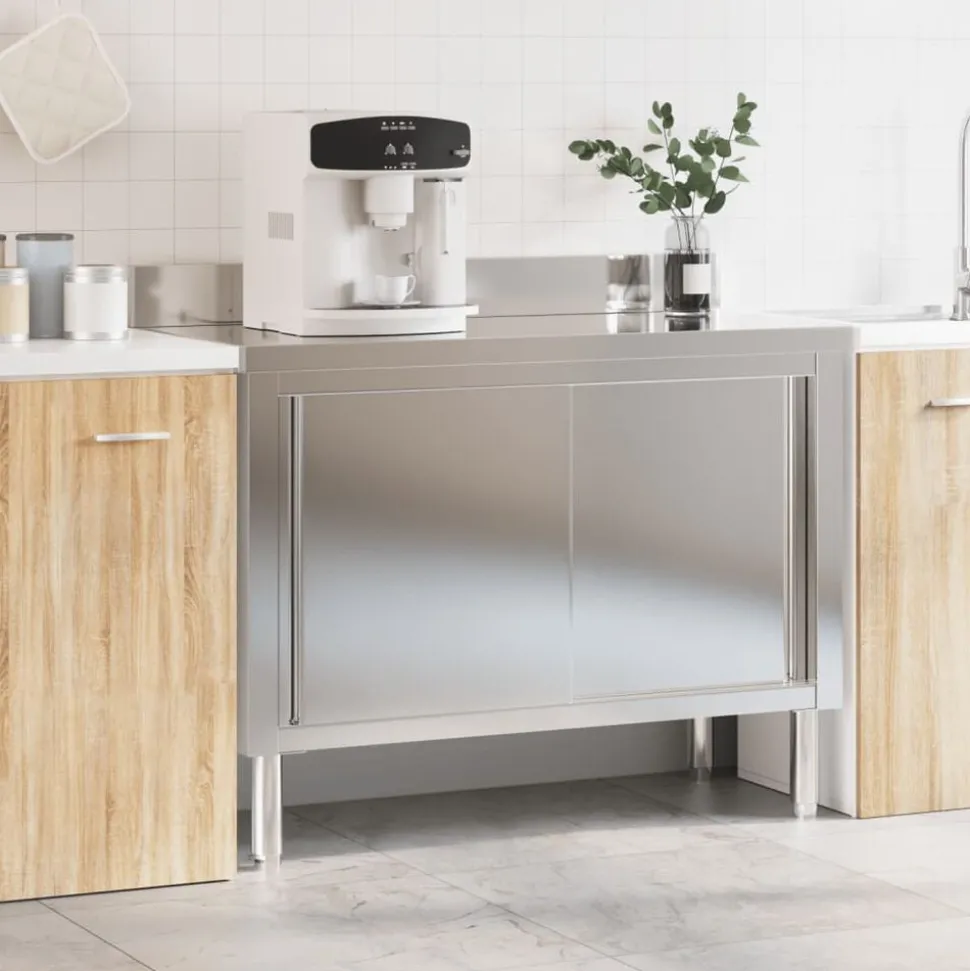 vidaXL Keukenwerktafel met schuifdeuren roestvrijstaal