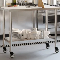 vidaXL Keukenwerktafel met wielen 110x55x85 cm roestvrij staal