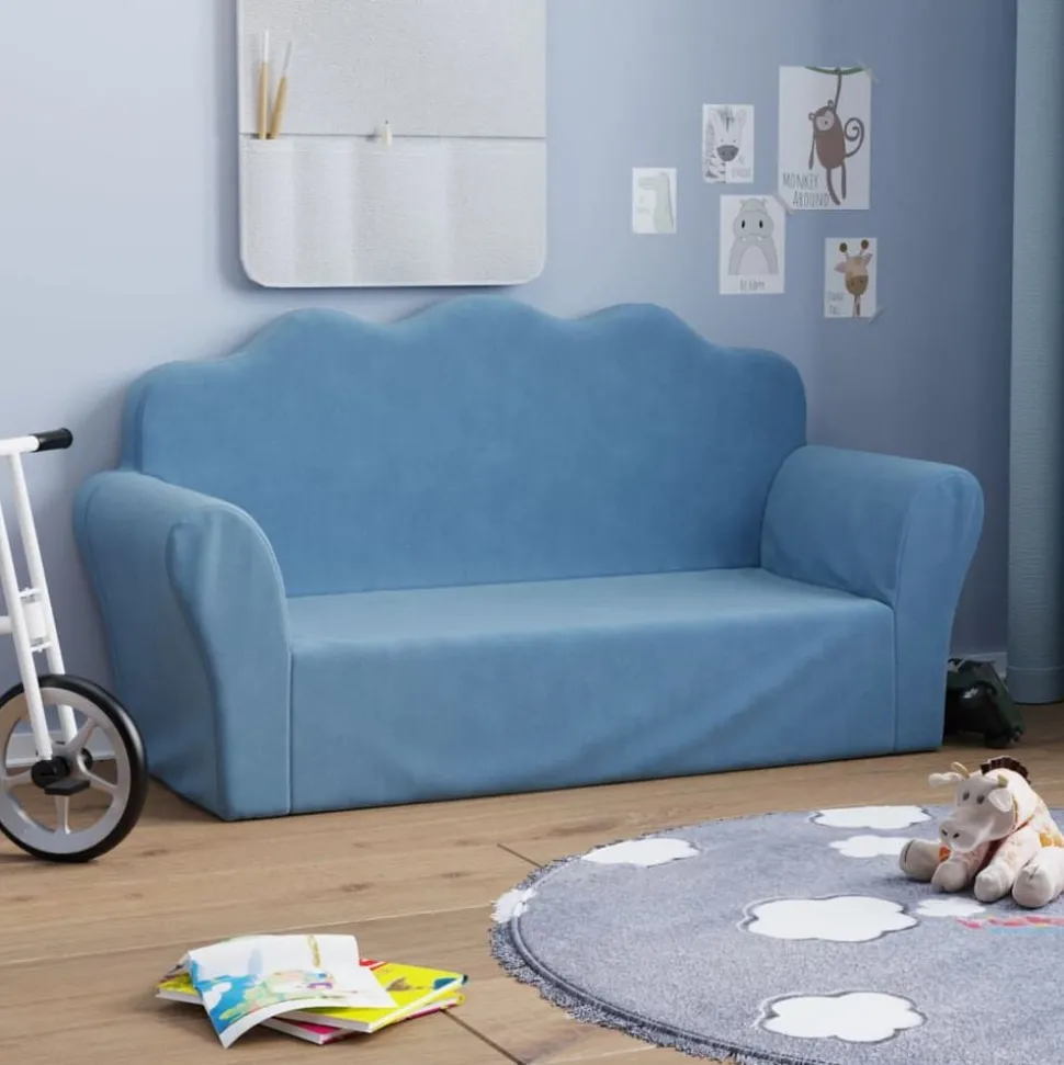 vidaXL Kinderbank 2-zits zacht pluche blauw