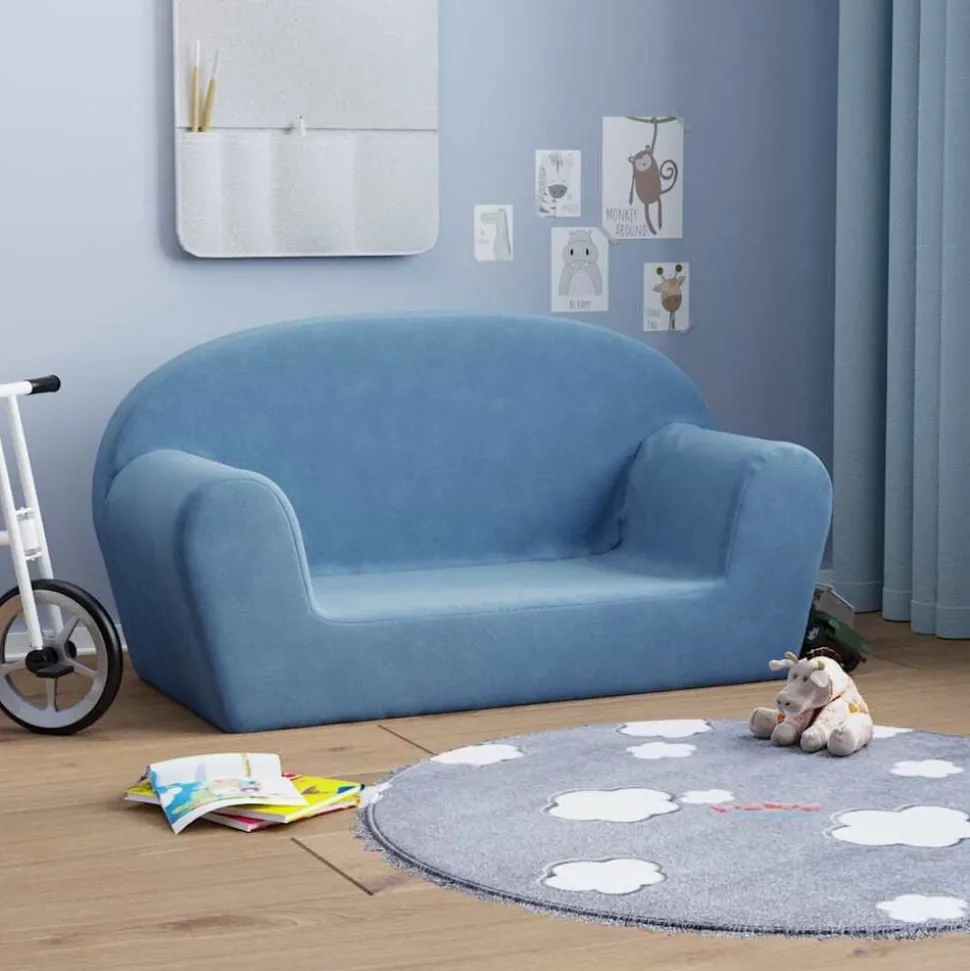 vidaXL Kinderbank 2-zits zacht pluche blauw