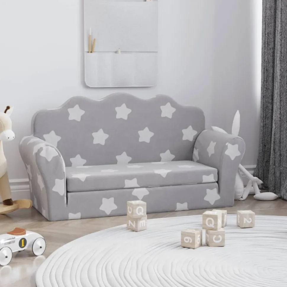 vidaXL Kinderslaapbank 2-zits met sterren zacht pluche lichtgrijs