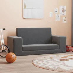 vidaXL Kinderslaapbank 2-zits zacht pluche antracietkleurig