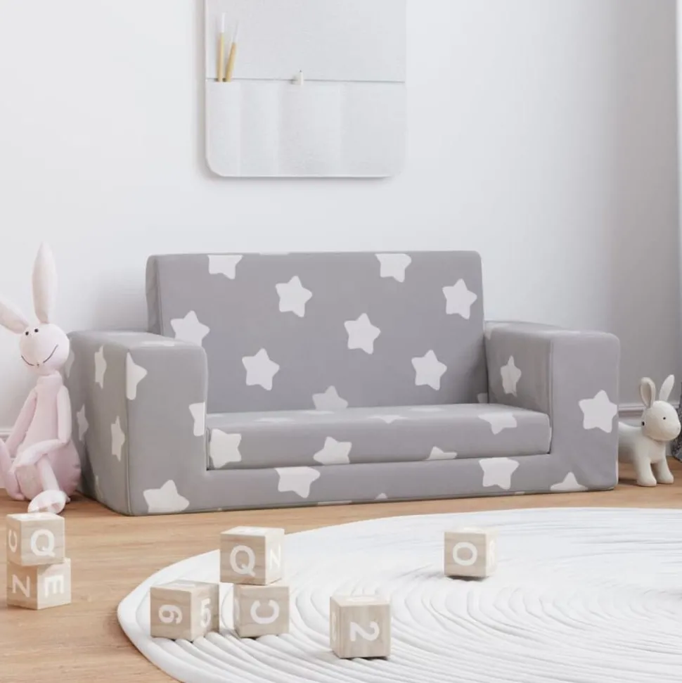 vidaXL Kinderslaapbank 2-zits met sterren zacht pluche lichtgrijs