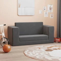 vidaXL Kinderslaapbank 2-zits zacht pluche antracietkleurig