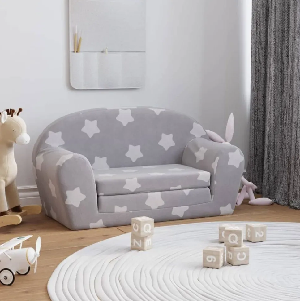 vidaXL Kinderslaapbank 2-zits met sterren zacht pluche lichtgrijs