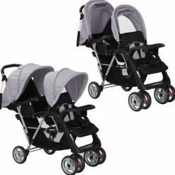 vidaXL Kinderwagen dubbel staal grijs en zwart