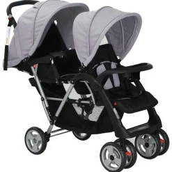 vidaXL Kinderwagen dubbel staal grijs en zwart