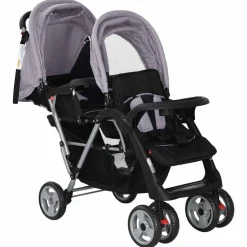 vidaXL Kinderwagen dubbel staal grijs en zwart