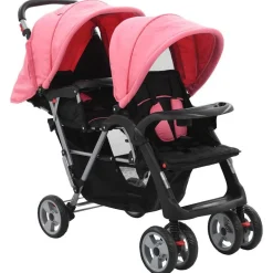 vidaXL Kinderwagen dubbel staal roze en zwart