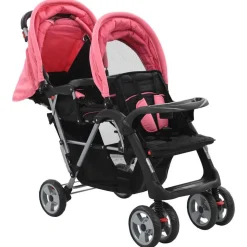 vidaXL Kinderwagen dubbel staal roze en zwart