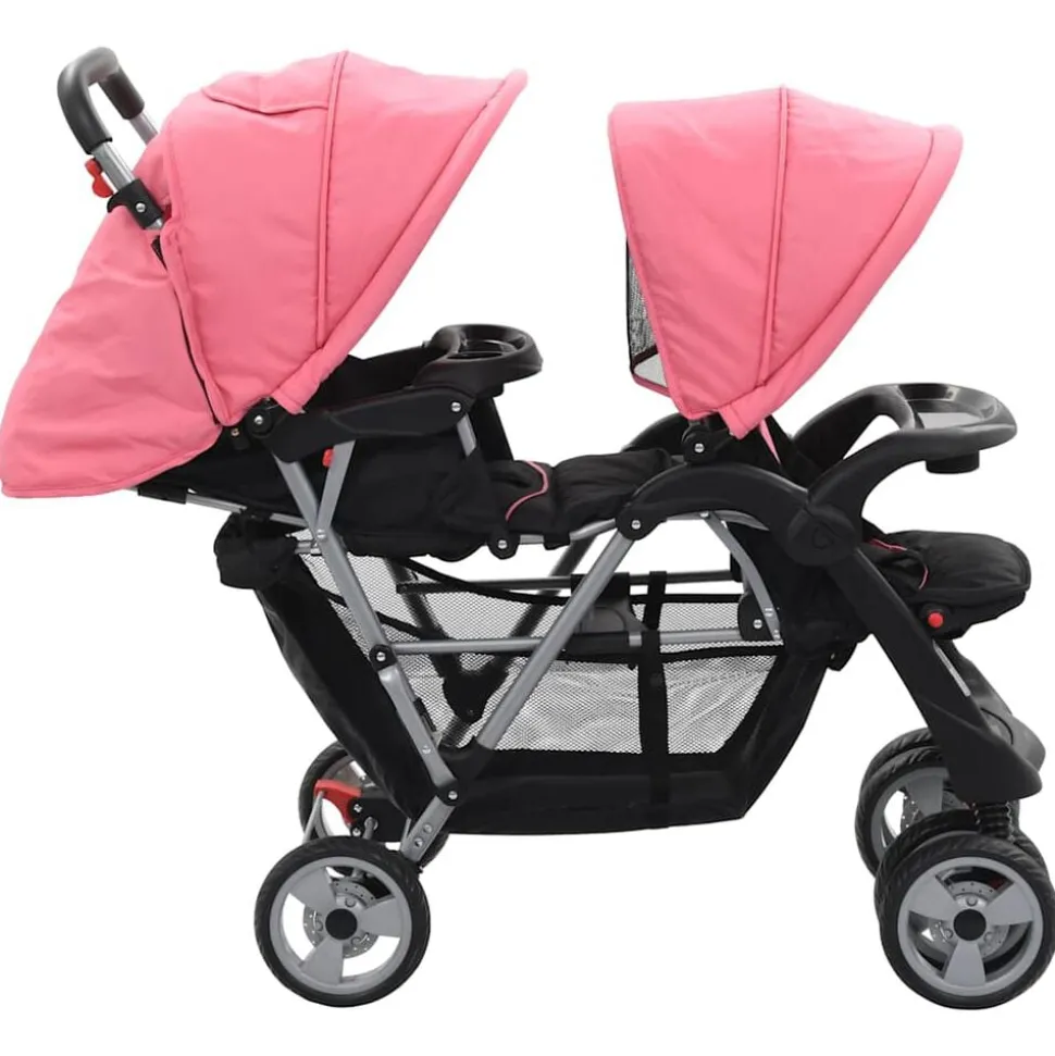 vidaXL Kinderwagen dubbel staal roze en zwart