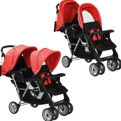 vidaXL Kinderwagen dubbel staal rood en zwart