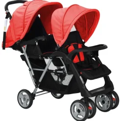 vidaXL Kinderwagen dubbel staal rood en zwart