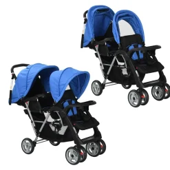 vidaXL Kinderwagen dubbel staal blauw en zwart