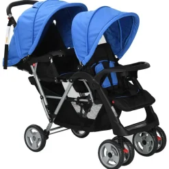 vidaXL Kinderwagen dubbel staal blauw en zwart