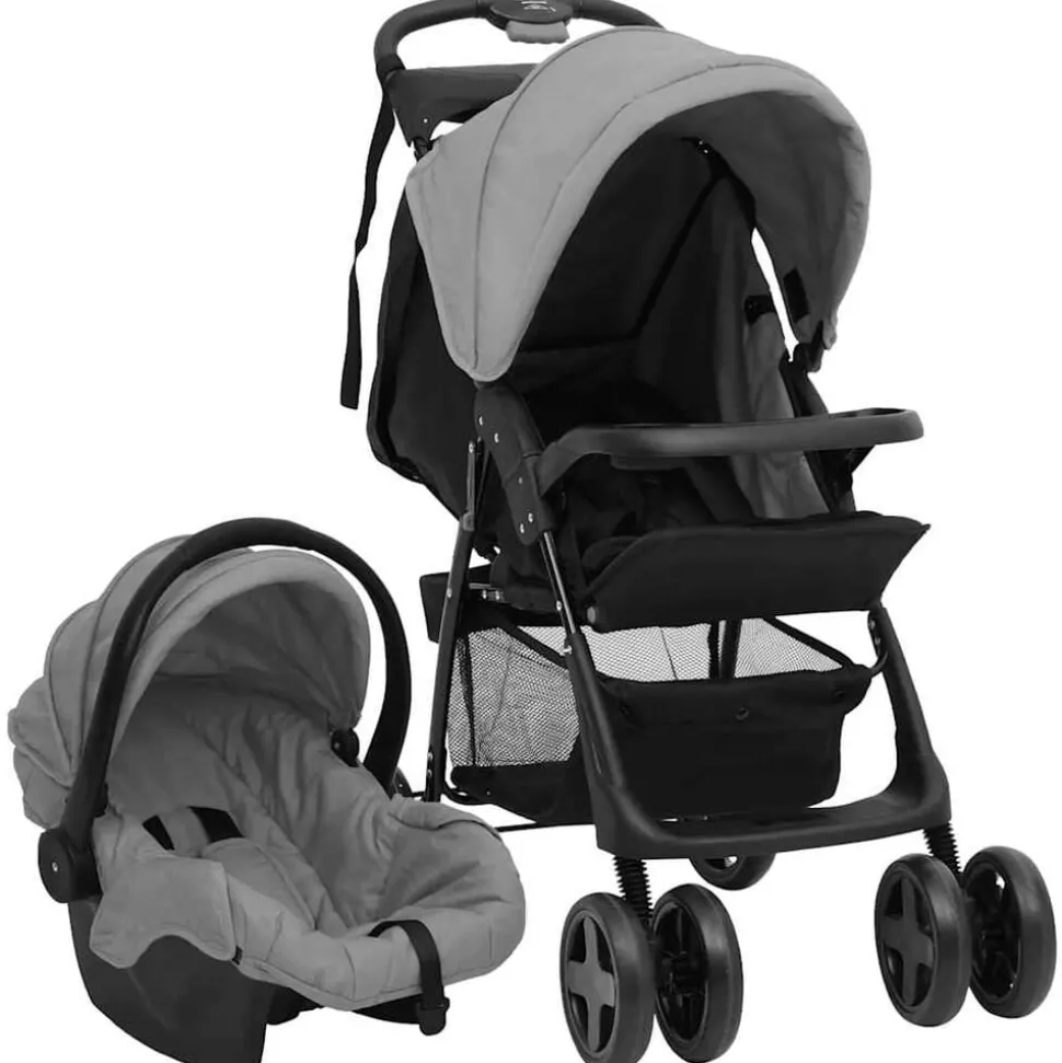 vidaXL Kinderwagen 3-in-1 staal lichtgrijs en zwart