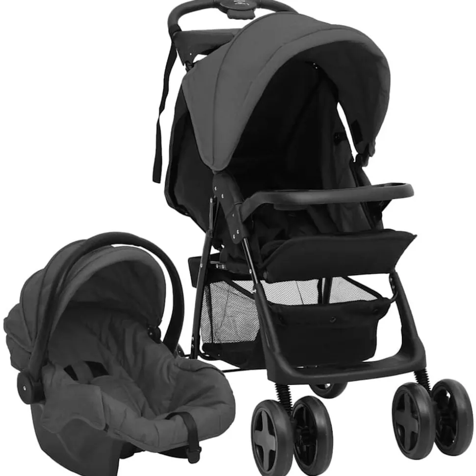 vidaXL Kinderwagen 3-in-1 staal donkergrijs en zwart