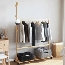 vidaXL Kledingrek met haken en wielen 100x35x157 cm bamboe