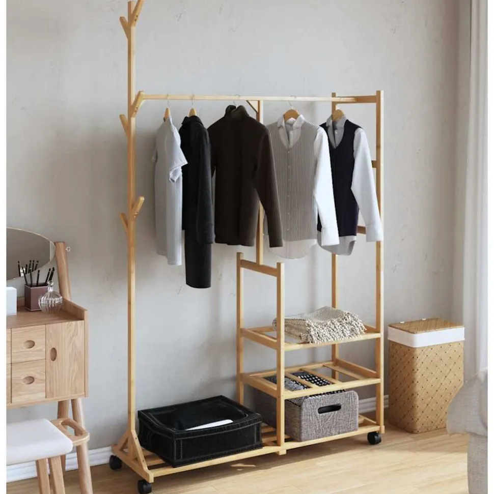 vidaXL Kledingrek met schappen en wielen 100x38x175,5 cm bamboe