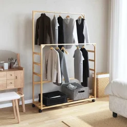 vidaXL Kledingrek met schappen en wielen 90x35x155 cm bamboe