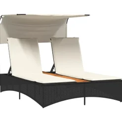 vidaXL Ligbed 2-persoons met luifel en kussens poly rattan zwart