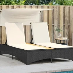 vidaXL Ligbed 2-persoons met luifel en kussens poly rattan zwart
