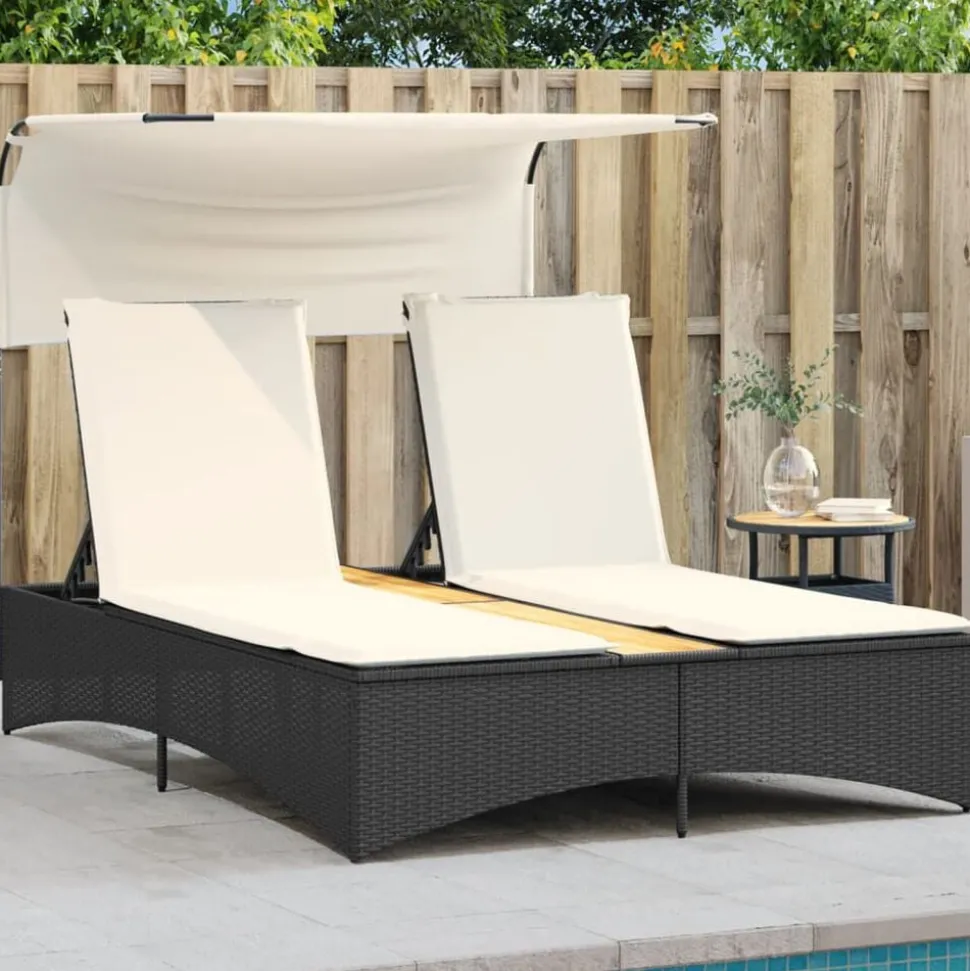 vidaXL Ligbed 2-persoons met luifel en kussens poly rattan zwart
