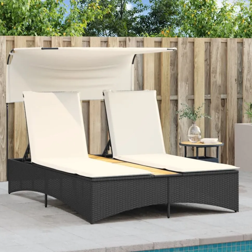 vidaXL Ligbed 2-persoons met luifel en kussens poly rattan zwart