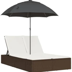 vidaXL Ligbed 2-persoons met kussens en parasol poly rattan bruin
