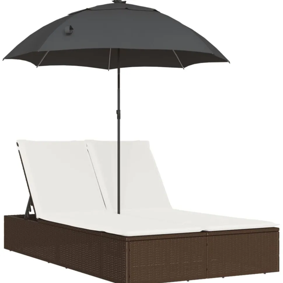 vidaXL Ligbed 2-persoons met kussens en parasol poly rattan bruin