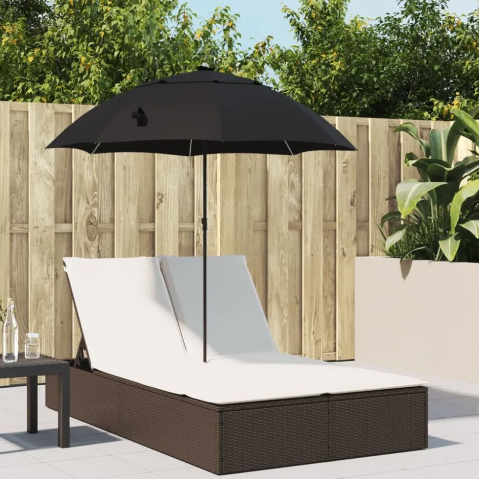 vidaXL Ligbed 2-persoons met kussens en parasol poly rattan bruin