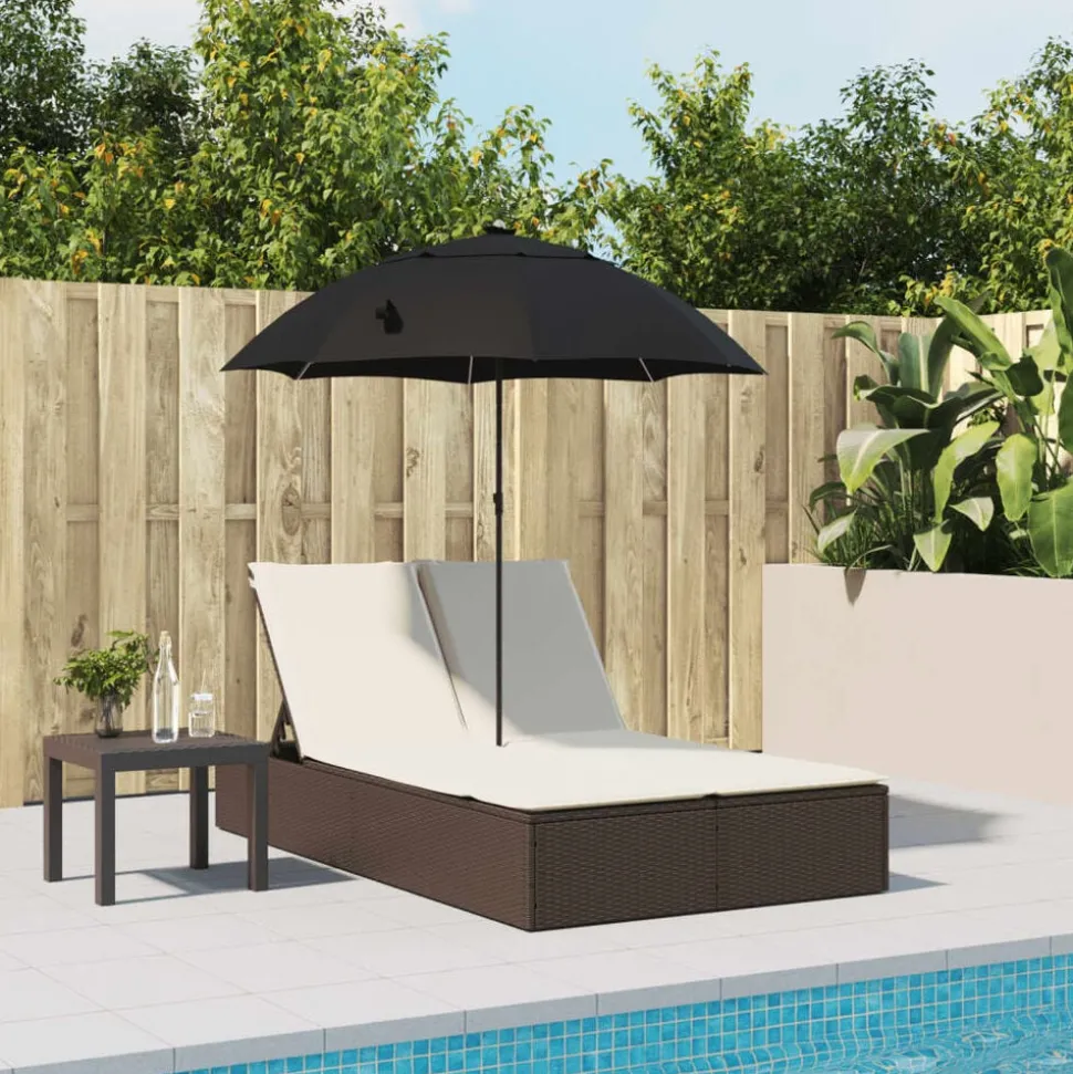vidaXL Ligbed 2-persoons met kussens en parasol poly rattan bruin