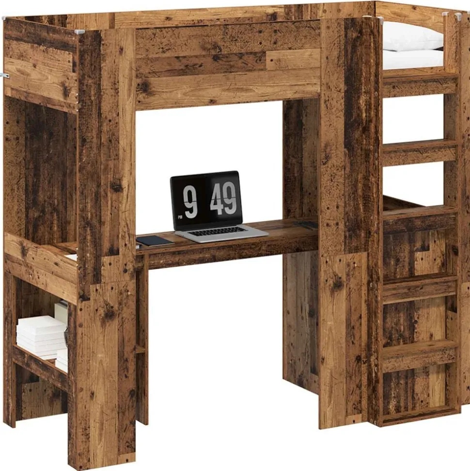 vidaXL Loft Bedframe met Bureau Oudhout 75 x 190 cm Bewerkt hout