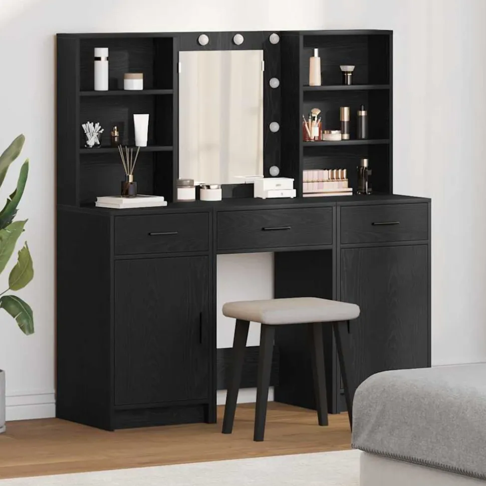 vidaXL Make-up tafel set met LED 3 pcs Zwart Eiken Bewerkt hout