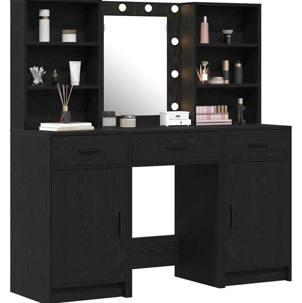 vidaXL Make-up tafel set met LED 3 pcs Zwart Eiken Bewerkt hout