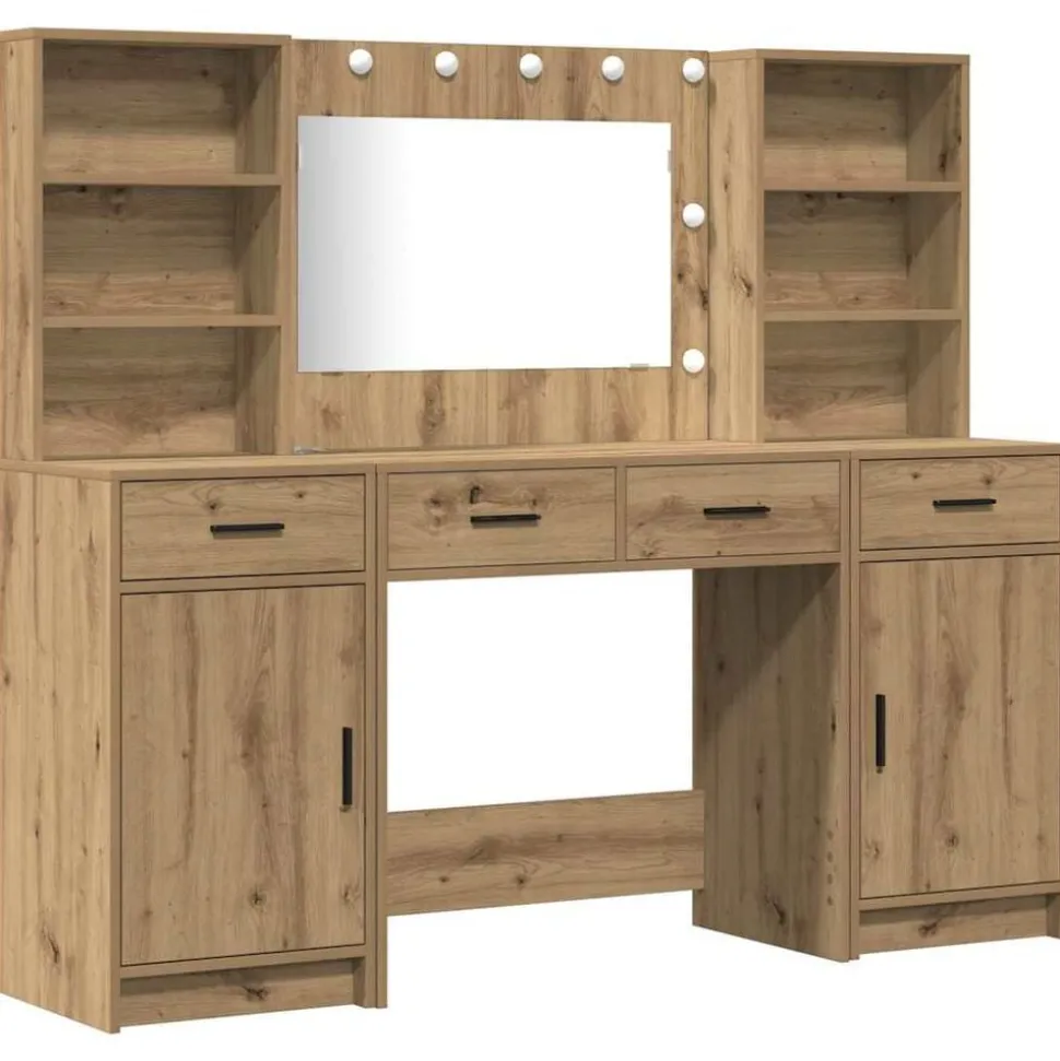 vidaXL Make-up tafel set met LED 3 pcs Artisan Eiken Bewerkt hout