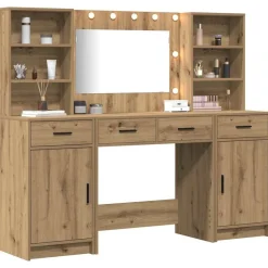 vidaXL Make-up tafel set met LED 3 pcs Artisan Eiken Bewerkt hout
