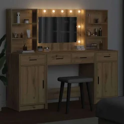 vidaXL Make-up tafel set met LED 3 pcs Artisan Eiken Bewerkt hout