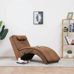 vidaXL Massage chaise longue met kussen kunstsuède bruin