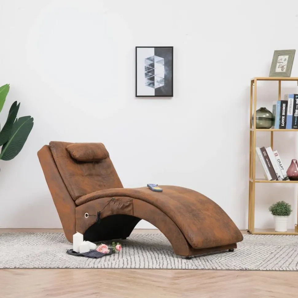 vidaXL Massage chaise longue met kussen kunstsuède bruin