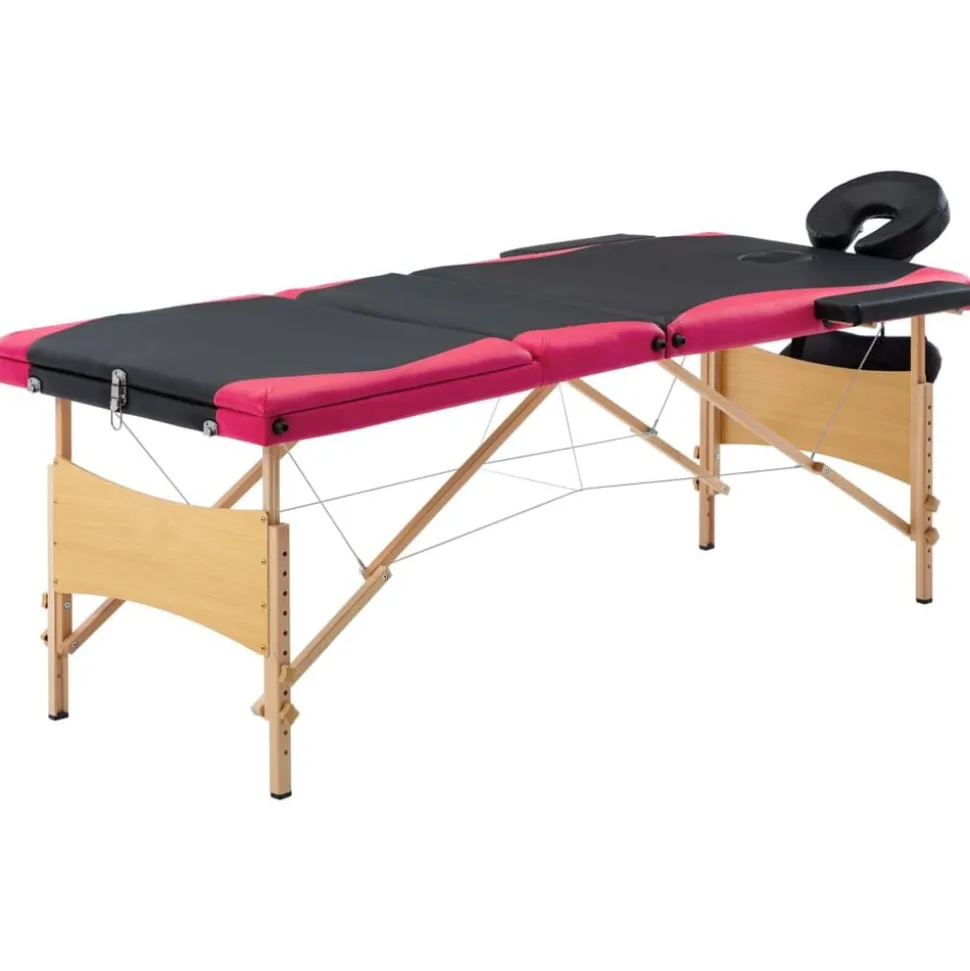 vidaXL Massagetafel inklapbaar 3 zones hout zwart en roze