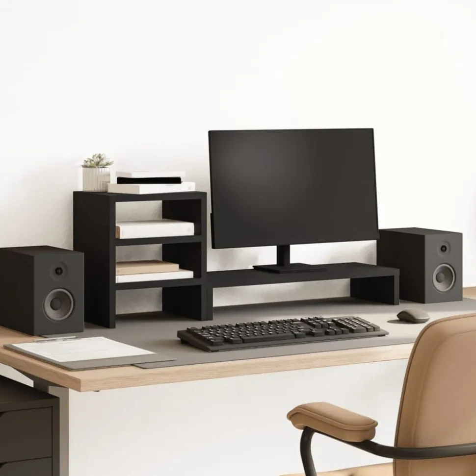 vidaXL Monitorstandaard met bureau-organizer bewerkt hout zwart