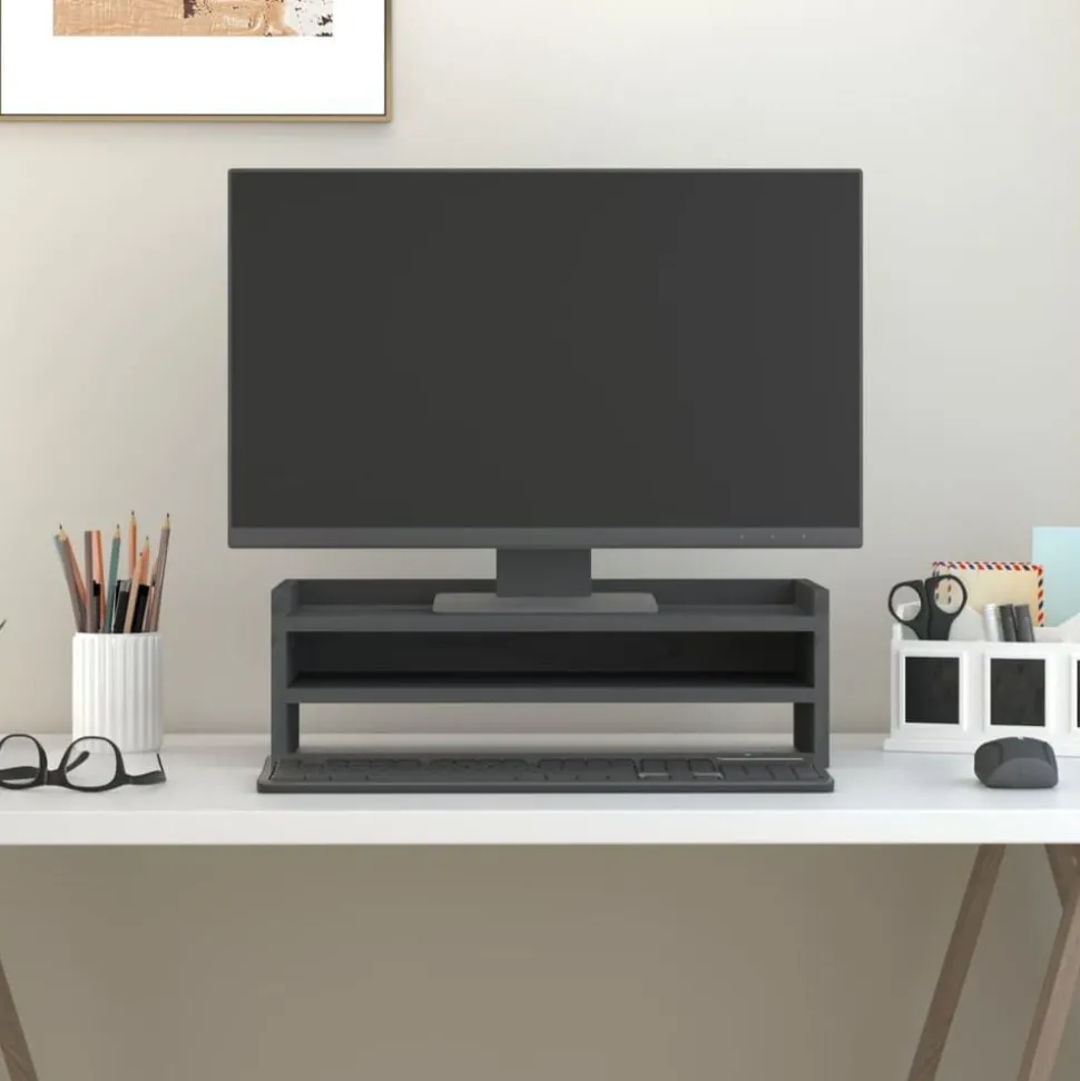vidaXL Monitorstandaard 50x24x16 cm massief grenenhout grijs