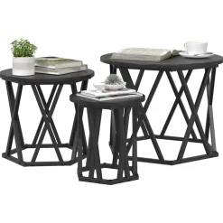 vidaXL Nestbare Bijzettafel 3 pcs Zwart Eiken Engineered hout en staal
