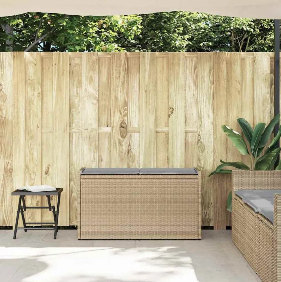vidaXL Opbergbank met kussen voor buiten 100 cm poly rattan beige