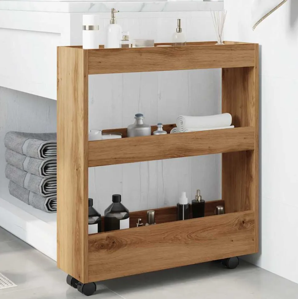 vidaXL Opbergtrolley smal 3-laags bewerkt hout artisanaal eikenkleurig