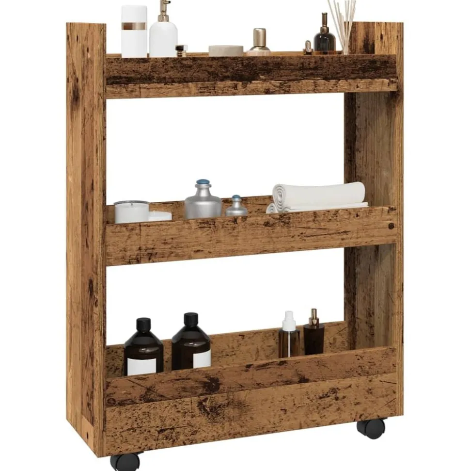 vidaXL Opbergtrolley smal 3-laags bewerkt hout oud houtkleurig